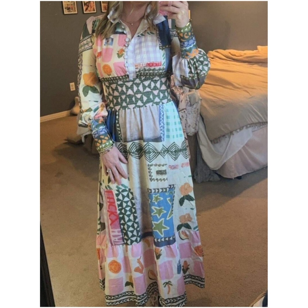 Boho Floral Star Mix Print Long Sleeve Maxi Dress - Picture 4 of 6